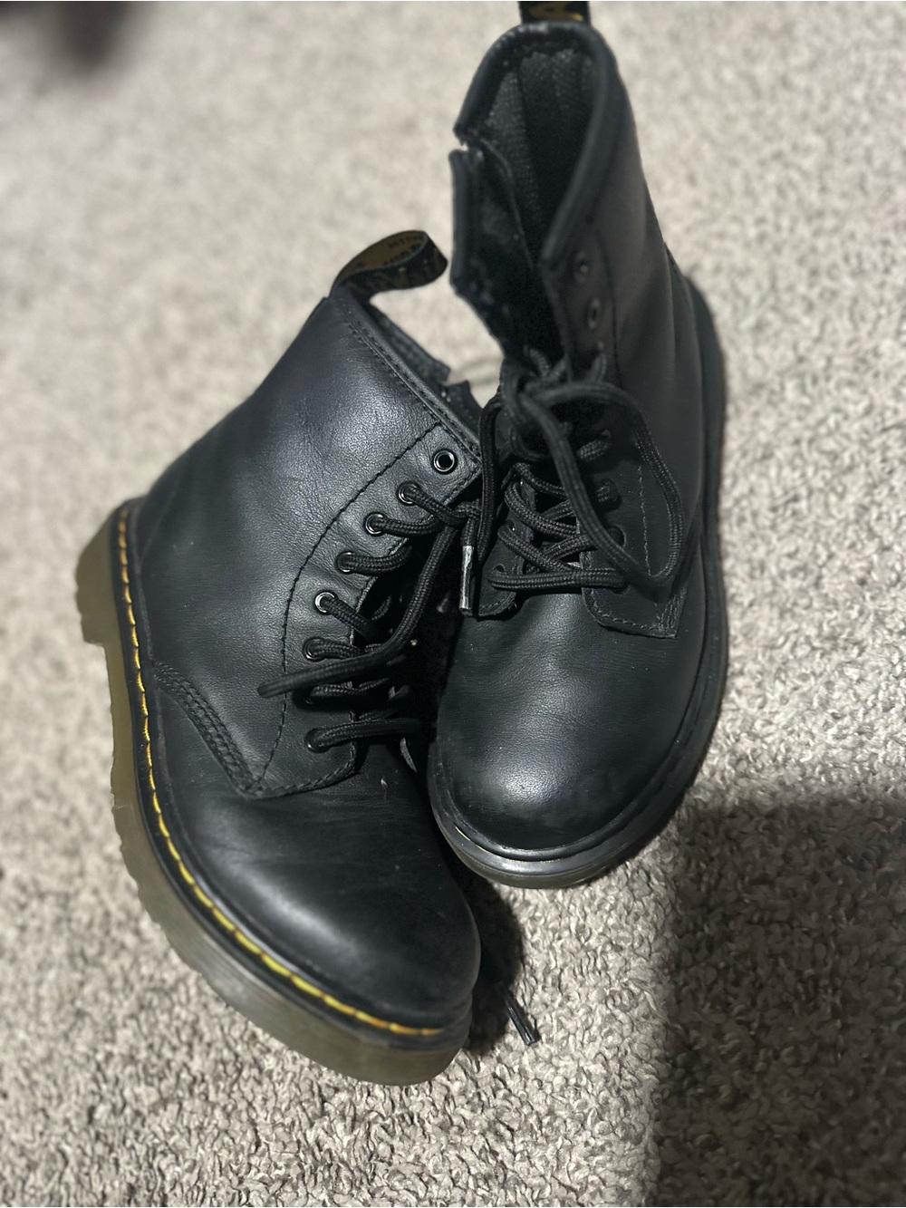 Dr. Martens Kids Black Leather Lace-Up Combat Boots with Yellow Stitching